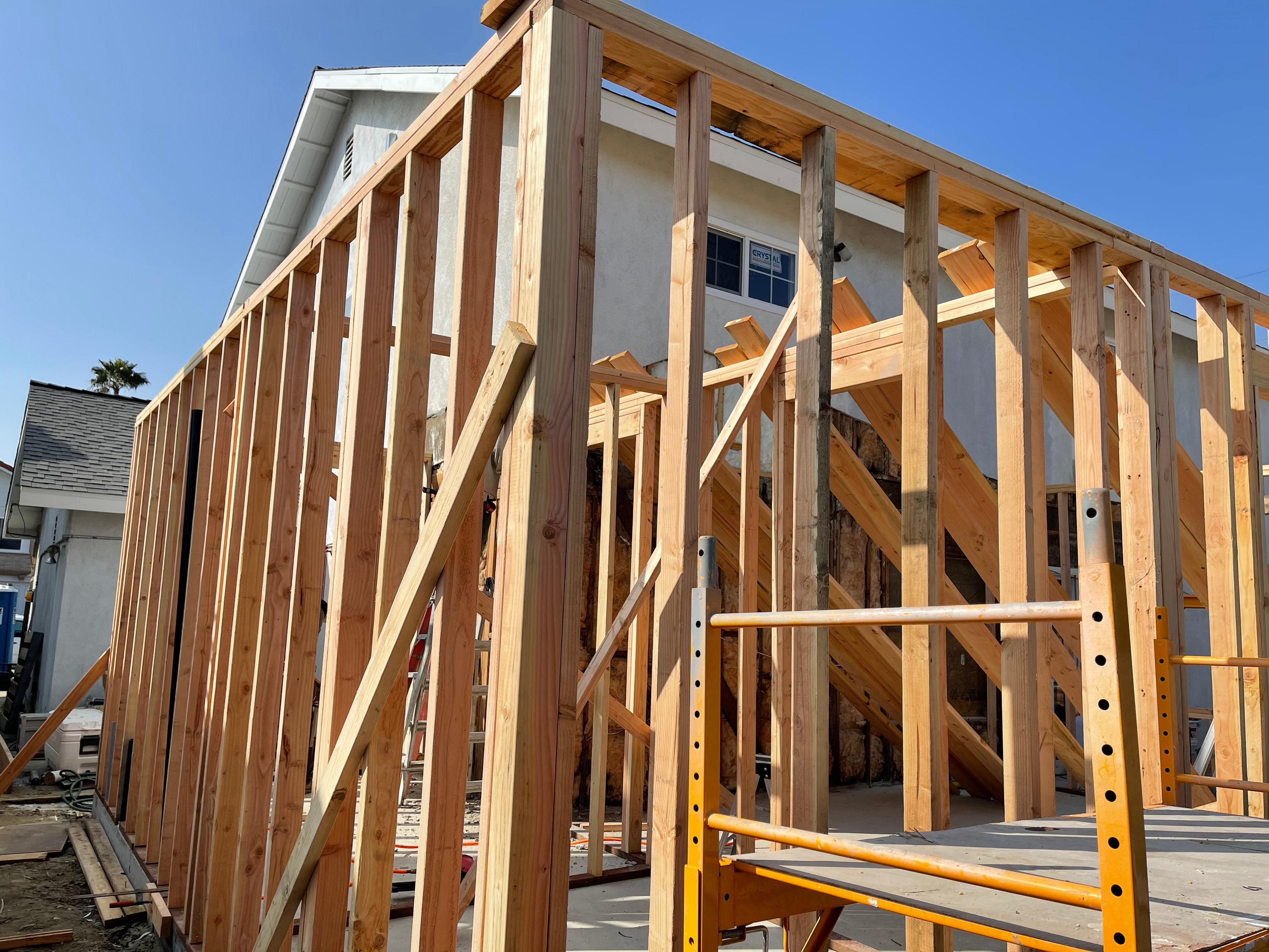 ADU wall framing with scaffolding